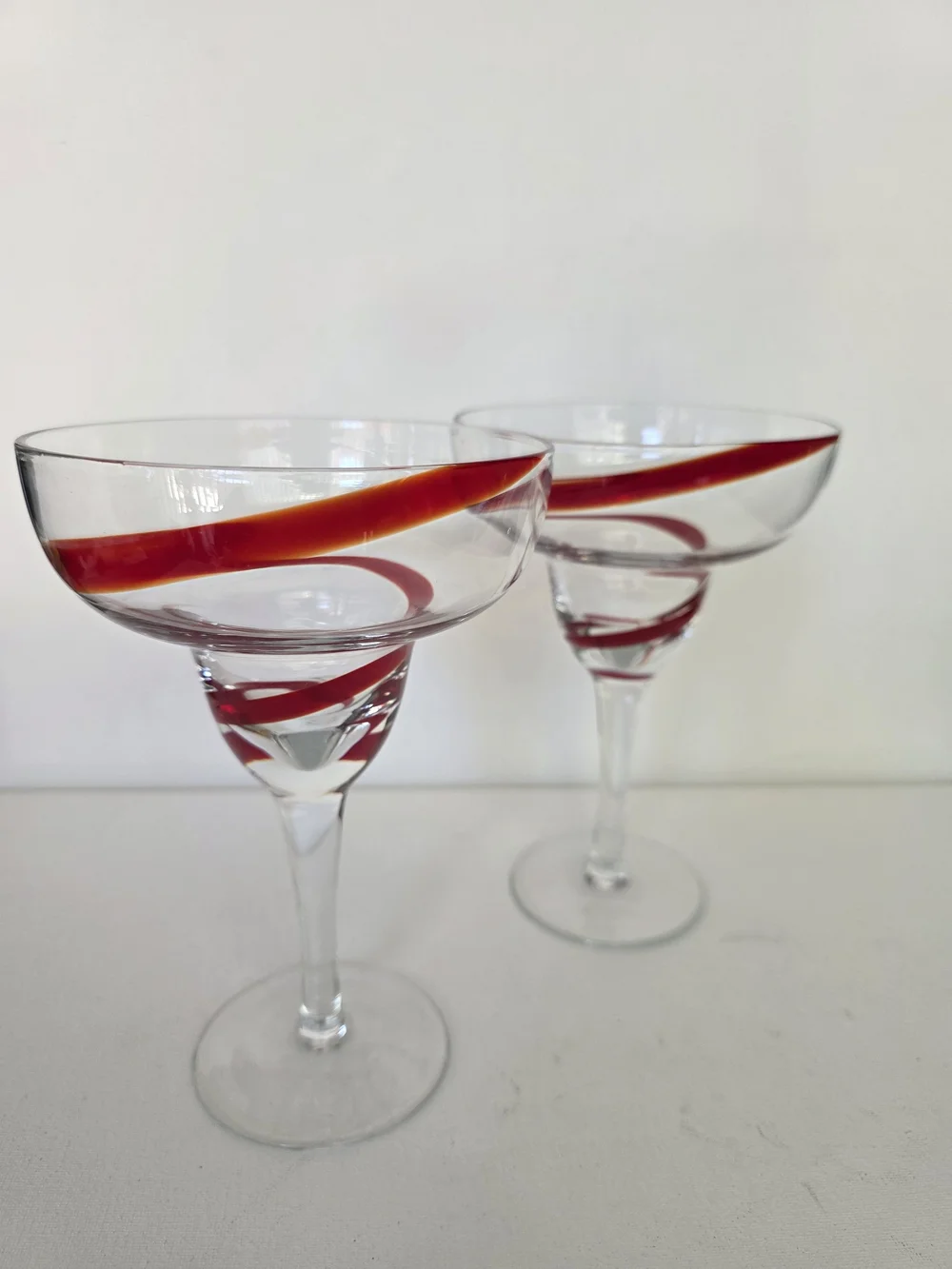 Vintage Pier 1 Clear Coupe Glasses with Red Swirl Accent - Set of 2